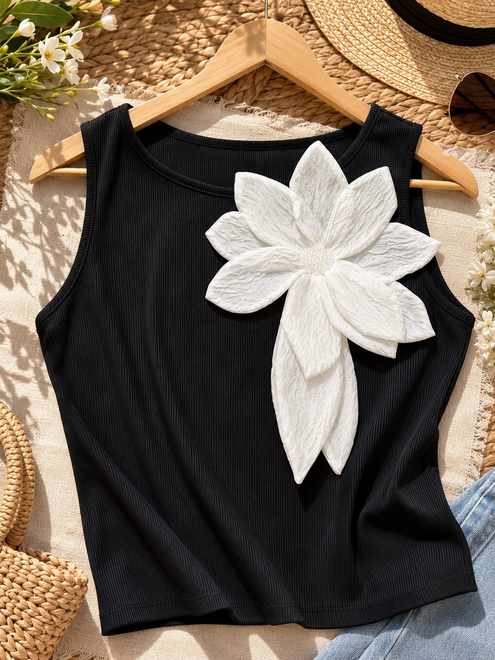 Black Ribbed Tank Top L with Oversized White Flower Appliqué | Statement Y2K